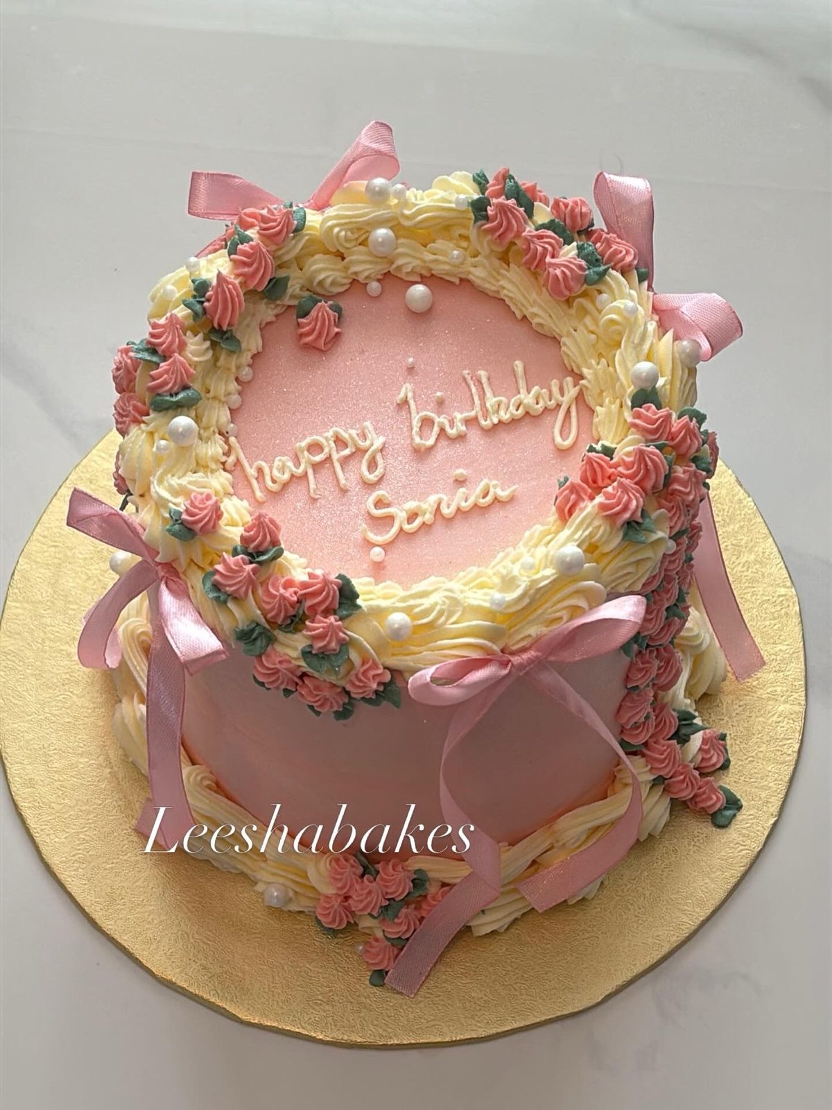 Pink and cream cake with pink roses for Sonia